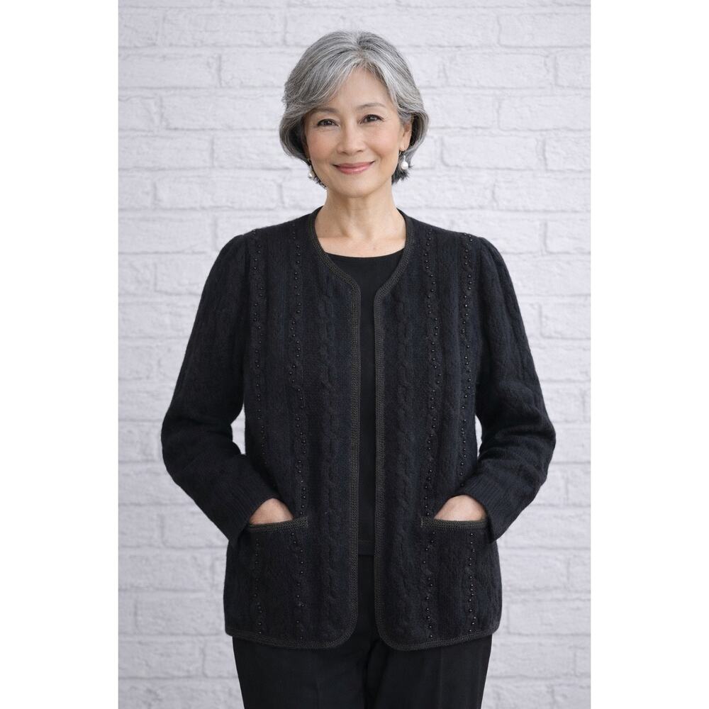 VTG Sideffects Black Angora Blend Cardigan Sweater Beaded Open Front Women M